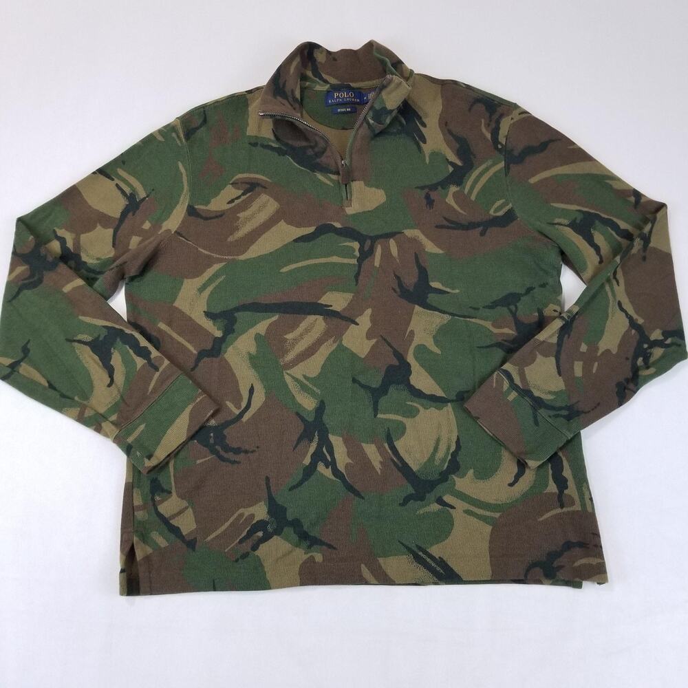 Polo Ralph Lauren Sweater Mens Medium Green Camo Estate Rib Quarter Zip Pullover